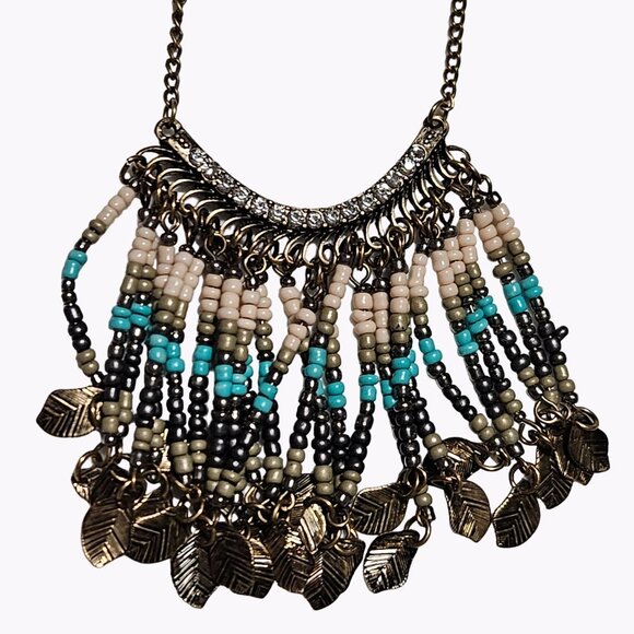 Aztec Southwest Beaded Gold Tone Leaf Bib Statement Necklace Fashion Jewelry - Picture 1 of 10